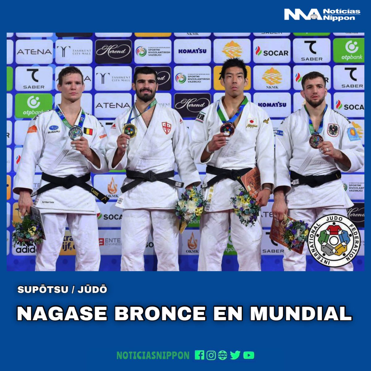 NoticiasNippon's tweet photo. [JŪDŌ] judoca nipón #Nagase Takanori se adjudicó la medalla de bronce del Campeonato del Mundo  #Taskent2022 en la categoría de menos de 81 kilos en #Uzbekistán.

#柔道 #永瀬貴規  #2022世界柔道選手権  #ウズベキスタン  #Judo #noticiasnippon #noticiasdejapón https://t.co/QLa2X5TA3c