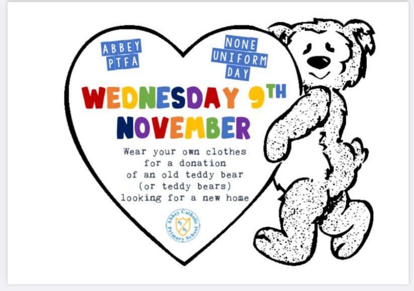 Abbey Catholic Primary School PTFA (@abbeyptfa) on Twitter photo Do you a teddy bear or soft toy that would like to find a new home for <a href="/AbbeyPrimary/">🧡 Abbey Catholic School 🧡</a>? Donate it to the PTFA on Wednesday 9th November and wear your own clothes to school as a thank you! #lovetheabbey #Abbeyptfa
#ecofriendly Do you a teddy bear or soft toy that would like to find a new home for <a href="/AbbeyPrimary/">🧡 Abbey Catholic School 🧡</a>? Donate it to the PTFA on Wednesday 9th November and wear your own clothes to school as a thank you! #lovetheabbey #Abbeyptfa
#ecofriendly