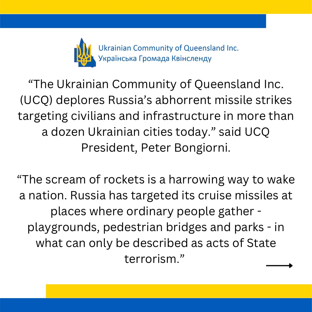 PeterBongiorni's tweet photo. @UkrQld MEDIA RELEASE: UKRAINIAN COMMUNITY OF QUEENSLAND CONDEMNS RUSSIA'S MISSILE STRIKES TARGETING CIVILIANS AND INFRASTRUCTURE IN UKRAINIAN CITIES

https://t.co/pT4kB9GZ04 https://t.co/xTAJdbI9A7