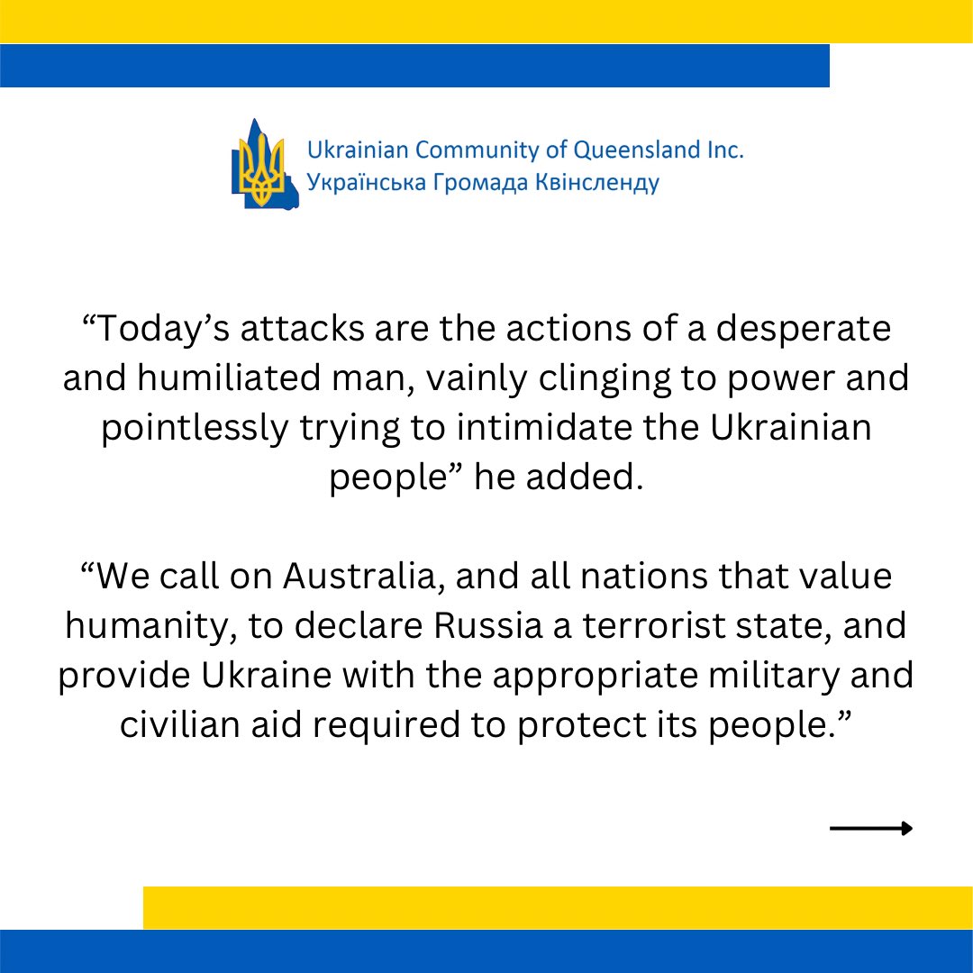 PeterBongiorni's tweet photo. @UkrQld MEDIA RELEASE: UKRAINIAN COMMUNITY OF QUEENSLAND CONDEMNS RUSSIA'S MISSILE STRIKES TARGETING CIVILIANS AND INFRASTRUCTURE IN UKRAINIAN CITIES

https://t.co/pT4kB9GZ04 https://t.co/xTAJdbI9A7