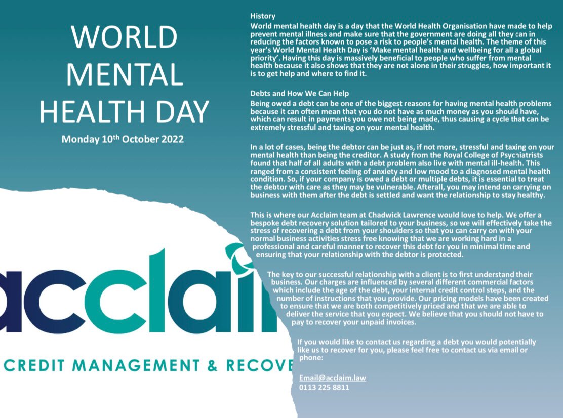 Today is #WorldMentalHealthDay. Being owed a debt plays a big part in #mentalhealth and we are here to help.  Find out how…