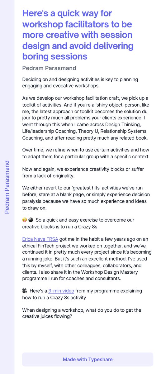 PedagogicalPed's tweet photo. Here's a quick way for workshop facilitators to be more creative with session design and avoid delivering boring sessions
#workshopmastery #workshops #workshopdesign #workshopfacilitation #facilitation #learningdesign #learningexperiencedesign #designthinking https://t.co/SeExcm2BAw