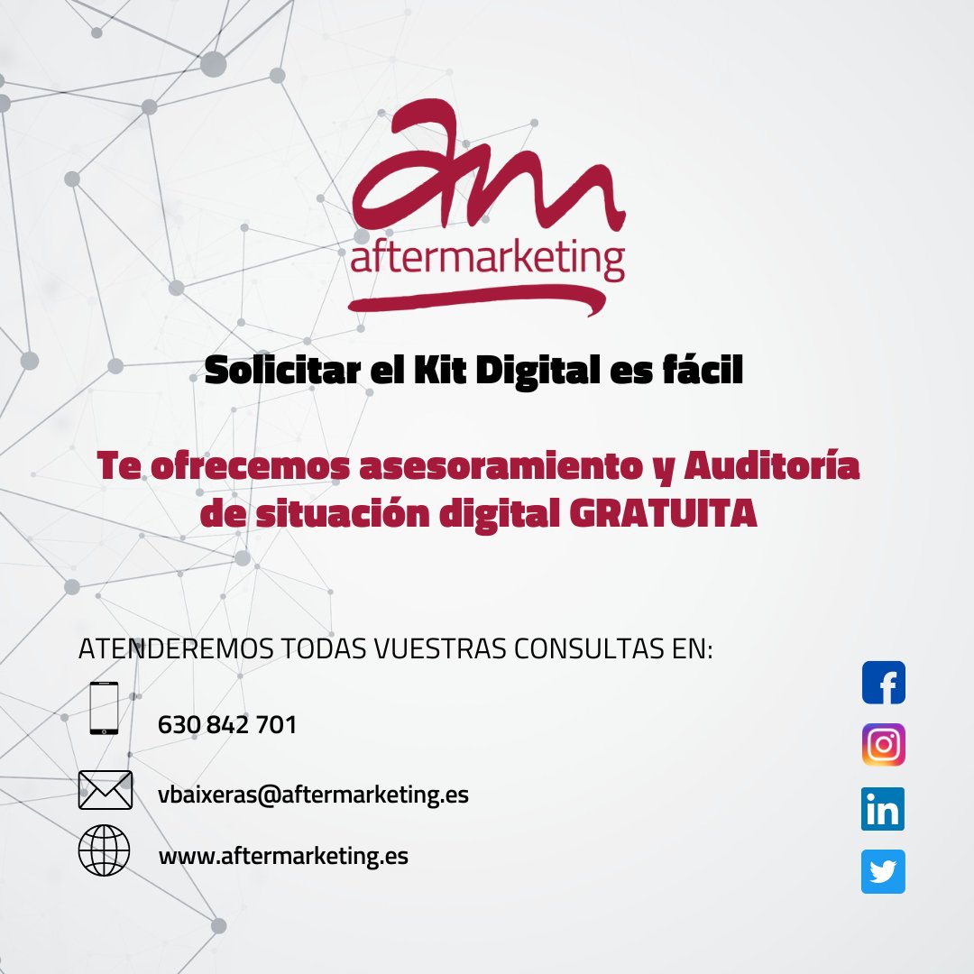 Aftermarketing_'s tweet photo. 👉 En Aftermarketing queremos ayudarte a conseguir la subvención del Kit Digital.

👉 Podemos encargamos del desarrollo del proyecto y la gestión de la subvención.

Para saber más visita nuestra web: https://t.co/Xk7xJKnDEI o llámanos📲 630 842 701

#kitdigital #marketingdigital https://t.co/lqPdRtQxwz