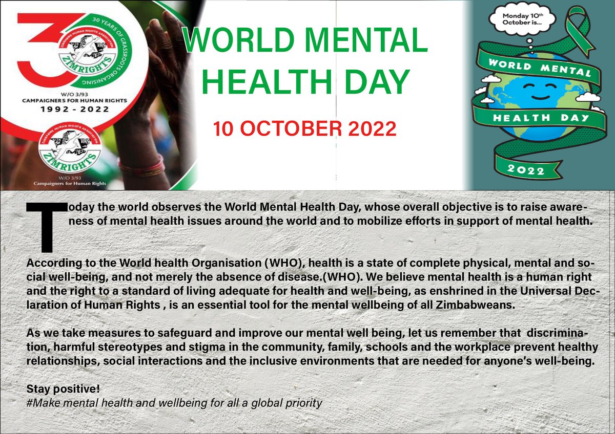 We believe mental health is a human right and the right to a standard of living adequate for health and well-being, as enshrined in the Universal Declaration of Human Rights, is essential for the mental well being of all Zimbabweans. @DzikamaiBere 
<a href="/YeukaiAfrica/">yeukai africa</a>#Mentalhealth