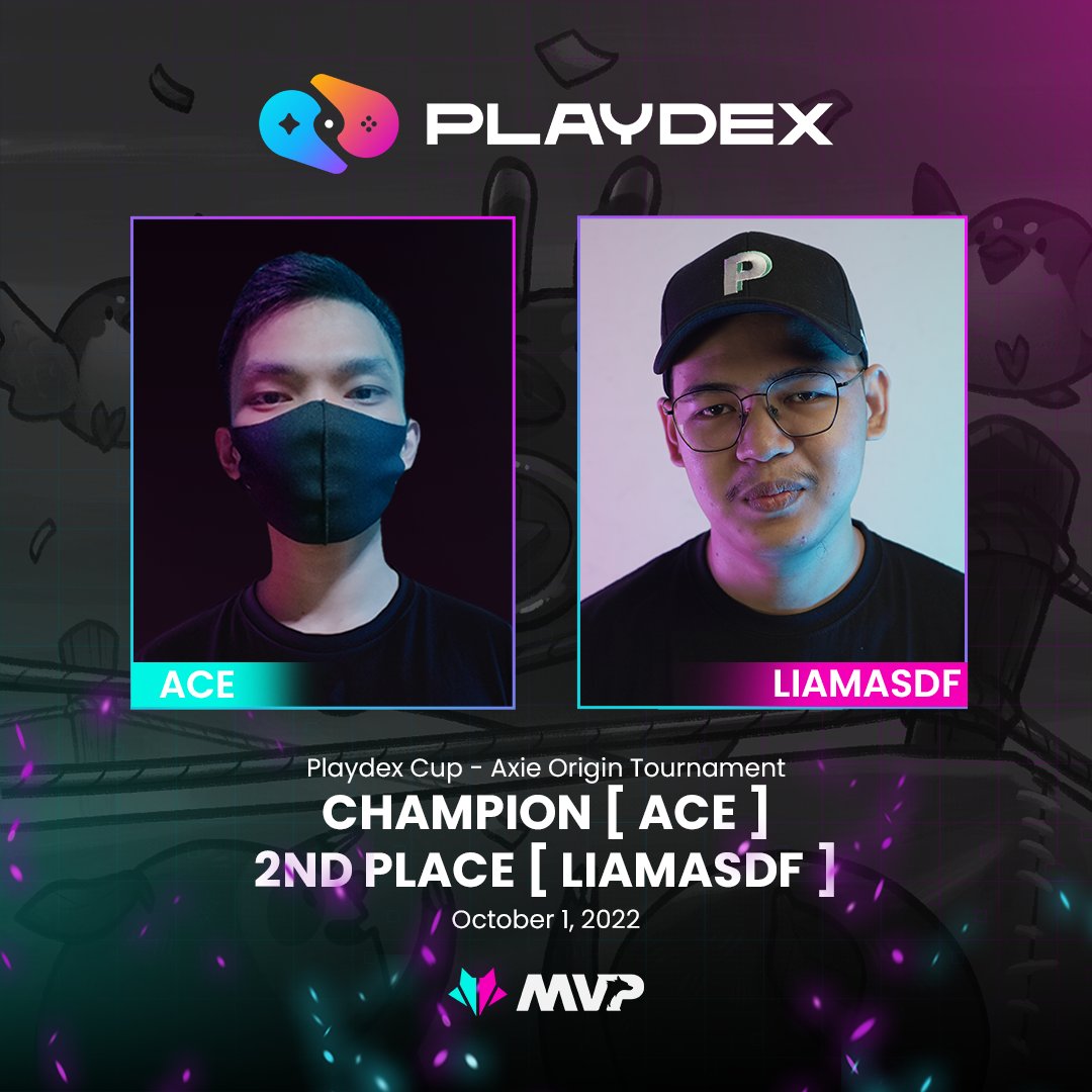 mvpesportsph's tweet photo. Ace and Liamasdf recently dominated the Playdex Cup - Axie Origin Tournament! Ace became the champion and Liamasdf got second place. 

You guys are amazing! Keep it going. 

#MVPGuild #mvpaxieesports #AxieGG #AxieInfinity https://t.co/JnHt946EOv