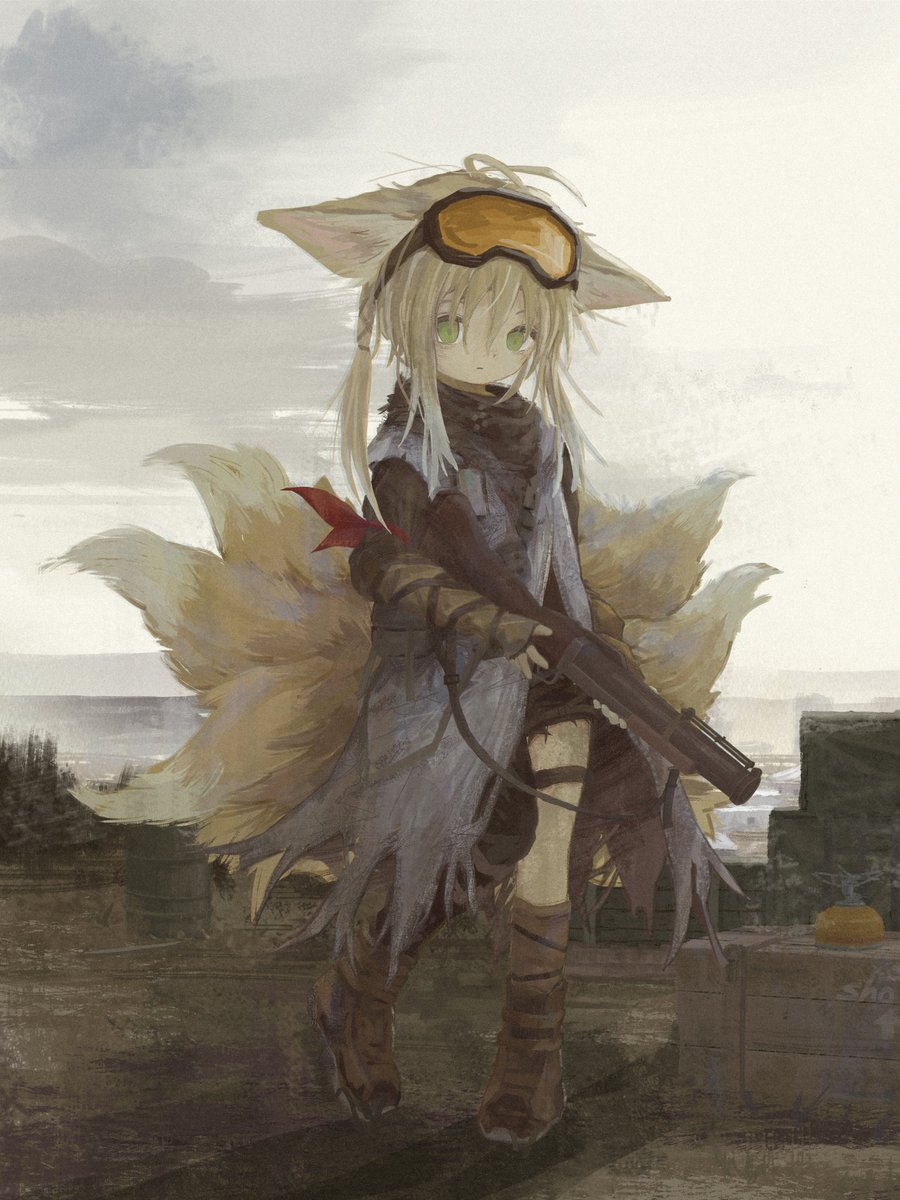 suzuran (arknights) 1girl solo animal ears tail fox ears fox tail goggles  illustration images