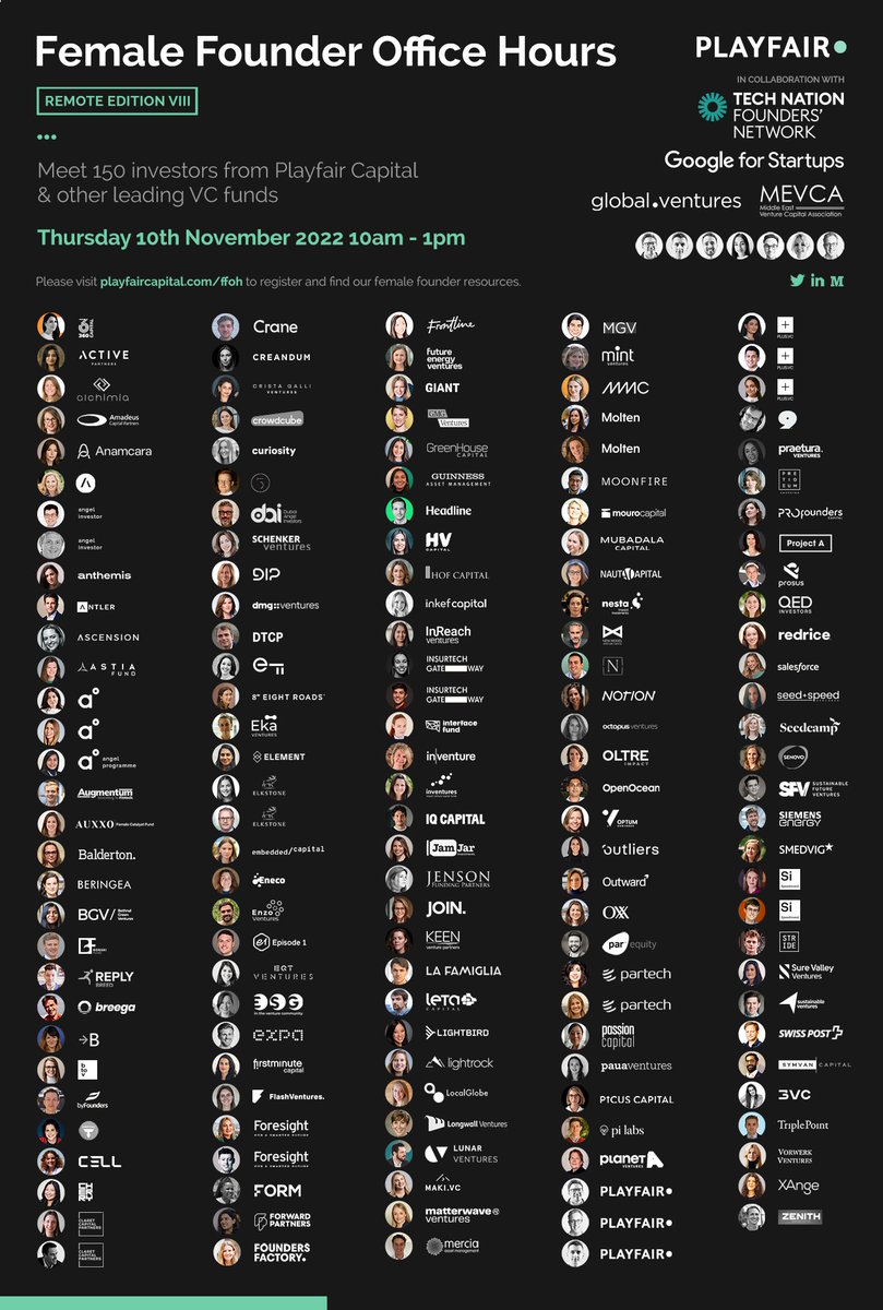 Our <a href="/thuyl_nh/">thuyl.nh</a> will be participating in Europe &amp; MENA-wide Female Founder Office Hours, hosted by <a href="/playfaircapital/">Playfair</a>,<a href="/GlobalVC_MENA/">Global Ventures</a>,<a href="/me_vca/">Middle East Venture Capital Association</a>, <a href="/TechNation/">Tech Nation</a>, @googlestartups on 10th Nov 2022 alongside 150 VC.

Register here:
playfaircapital.typeform.com/to/wpTnziTH

#officehours #femalefounders #access