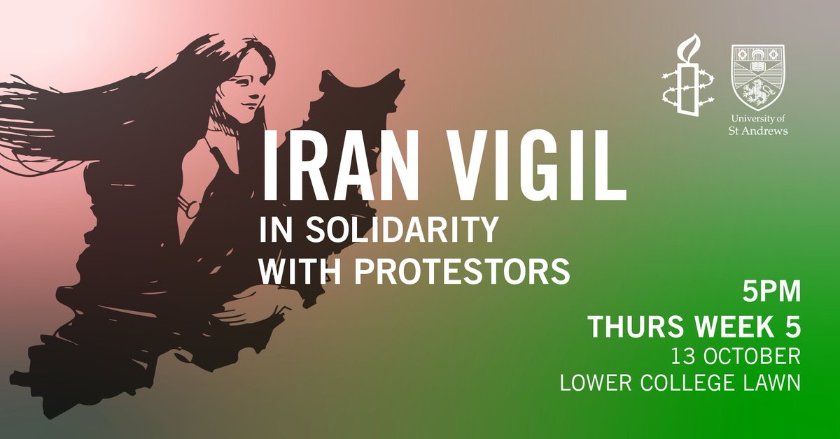 St Andrews will hold a vigil to show our community’s support for women, students &amp; protesters facing violence &amp; oppression in Iran. 

🗓 Thursday 13 October 5pm
📍 Lower College Lawn 

All welcome. Please RT.

Read more ⬇️

ow.ly/TOZt50L5GZA

#EverToExcel #WomenLifeFreedom