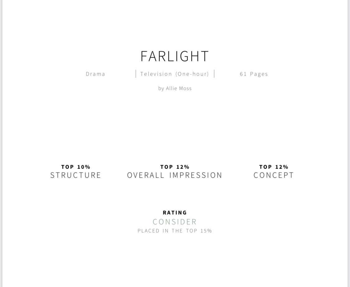 My most recently completed crime drama Farlight received a Consider rating from <a href="/WeScreenplay/">WeScreenplay</a>! Top 15% . The feedback was so constructive, I know exactly how I can elevate it further. Thanks!