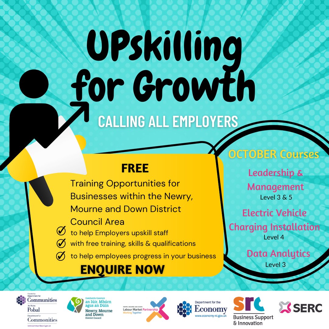 NMDBusiness's tweet photo. 🆓 Upskilling for Growth courses in October in partnership with @BusinessSRC:

👩‍💼 Leadership &amp; Management - Levels 3 &amp; 5
🔌Electric Vehicle Charging Installation - Level 4
👨‍💻Data Analytics - Level 3

Enrol your employees now 👉https://t.co/bbVfkfJKYh

#upskillforgrowth https://t.co/QFZhsmGek0