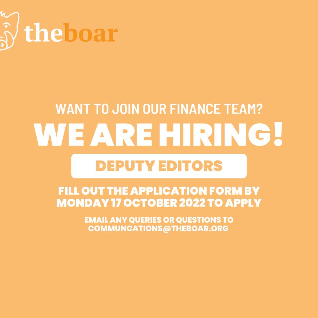 BoarFinance's tweet photo. !APPLICATIONS FOR DEPUTY EDITOR ARE OPEN!
If you’d like to get involved with student journalism, this is for you. As a Deputy Editor, you’ll get involved with the editorial process from pitching and publishing articles to print paper lay-up. https://t.co/N6xdbY16zp