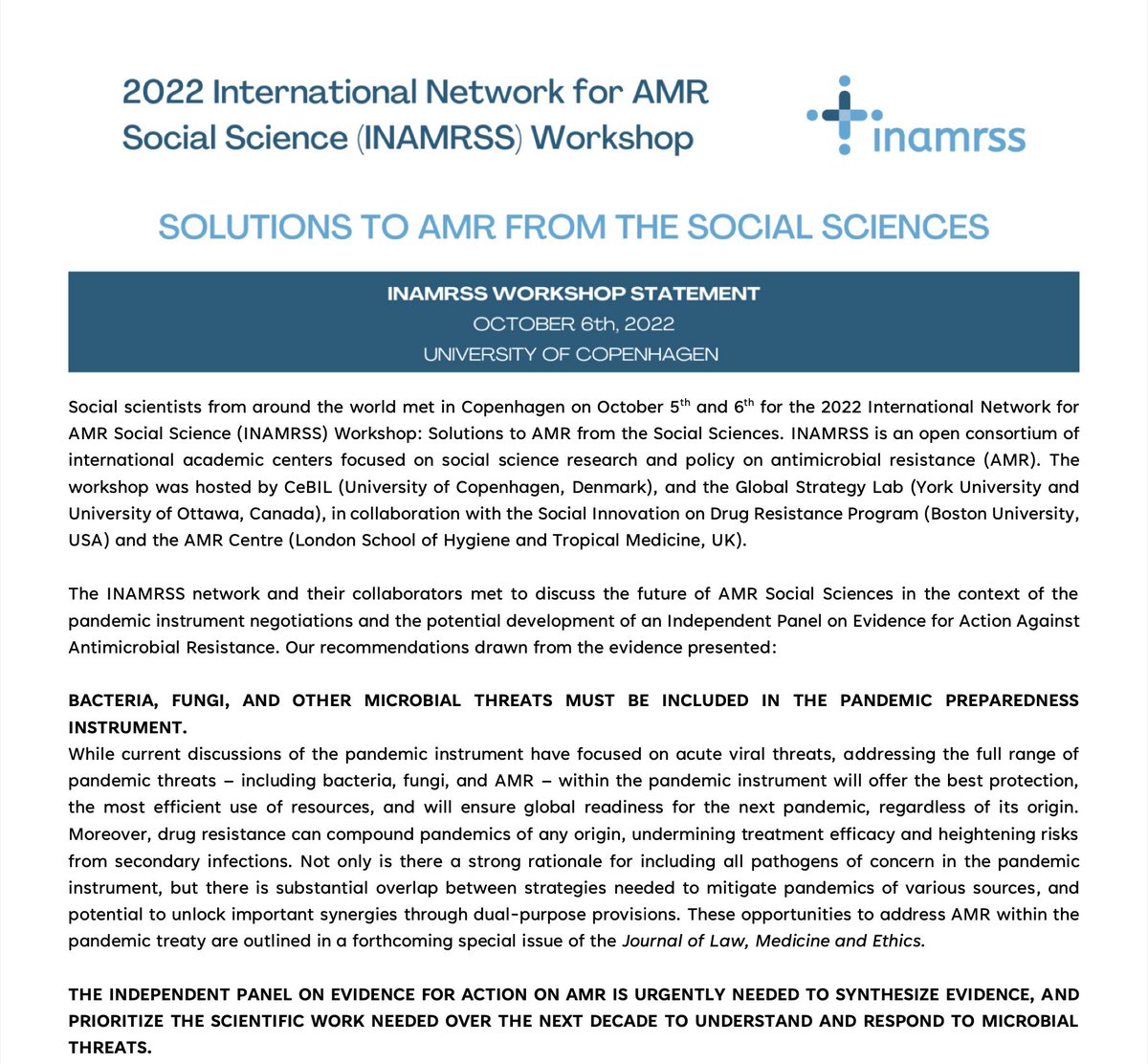 Oct 5-6, the #INAMRSS network &amp; collaborators met to discuss the future of #AMR Social Sciences in pandemic instrument negotiations &amp; development of an Independent Panel on Evidence for Action Against AMR. 

Read the evidence-informed recommendations ⬇️ bit.ly/3emMOW2