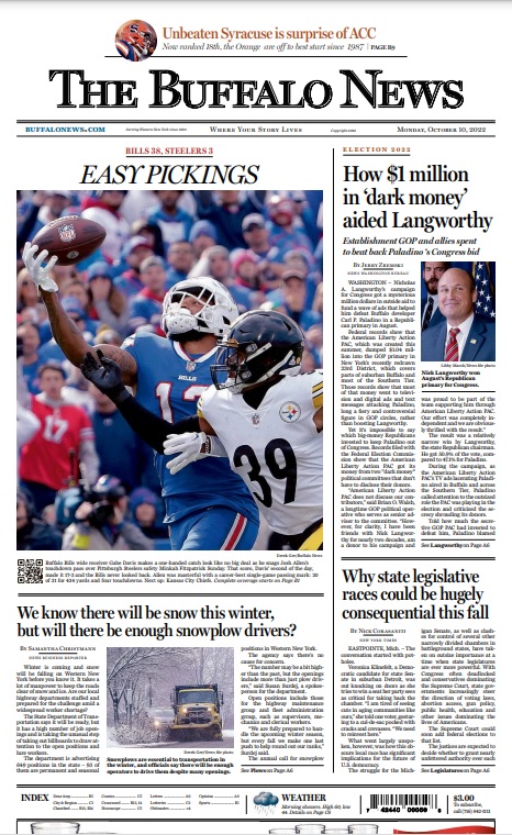 Front page <a href="/TheBuffaloNews/">The Buffalo News</a>, Oct. 10, 2022. <a href="/gabedavis13_/">Gabe Davis</a> v. <a href="/minkfitz_21/">Minkah Fitzpatrick</a>. The moment captured by <a href="/DerekGeePhoto/">Derek Gee</a>. #BillsMafia