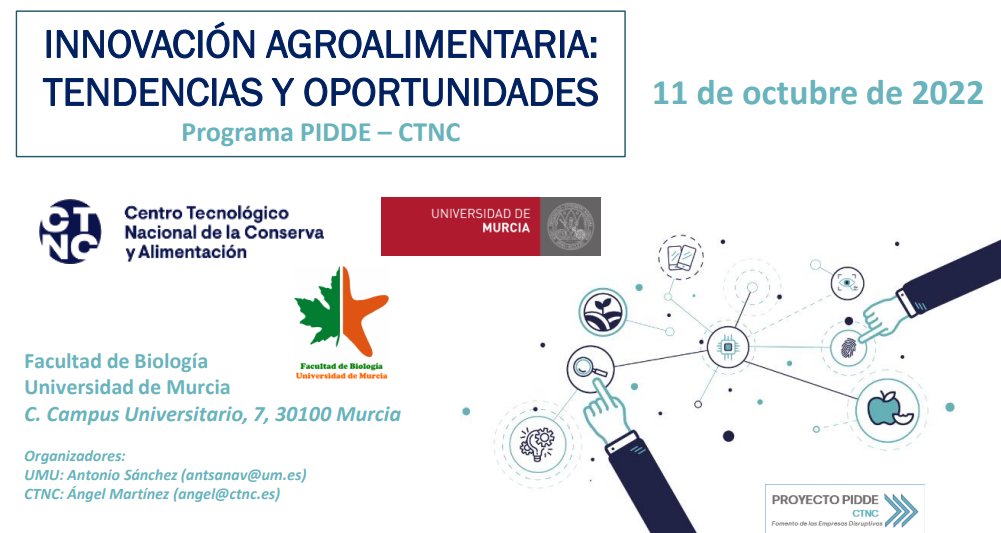 CTCAlimentacion's tweet photo. Jornada: Innovación agroalimentaria. Tendencias y oportunidades en el marco del proyecto #Pidde
🏆 Premios Descubrimiento Emprendedor
🗓️ Mañana, 11 octubre
⏰13.00
📍Facultad Biología @UMU
#emprendedores
#disruptivo
#premios
#innovacionalimentaria https://t.co/X6NV0QhJM4