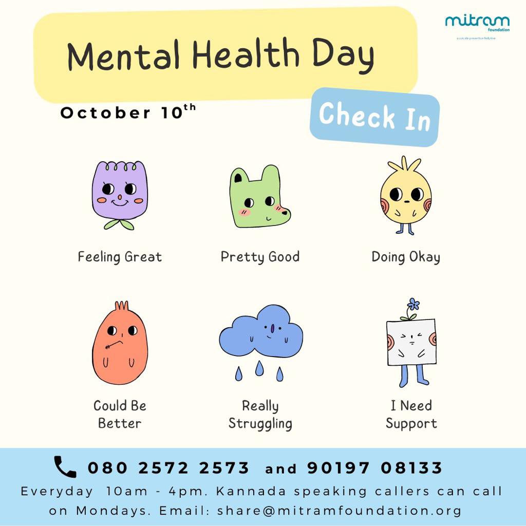 This World Mental Health day, let's check in with ourselves and our loved ones, on how we are doing mentally and emotionally.

Mitram is a safe space - Call us 10am to 4pm any day!  We are here for you! #WorldMentalHealthDay2022 #MentalHealthAwareness #YouAreNotAlone #Talk