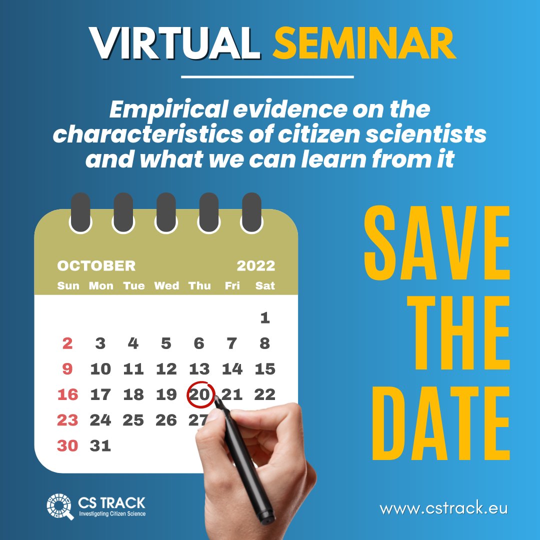 cstrackproject (@cstrackproject) on Twitter photo Save the date! ⤵️
Seminar: Empirical evidence on the characteristics of #CitizenScientists and what we can learn from it
🗓️ 20 October
🕑 14:00-15:00 CET
📌 zoom
🧑💻Seminar leader: <a href="/OhtoSabel/">Ohto Sabel</a>, <a href="/uniofjyvaskyla/">University of Jyväskylä</a>
Register: cstrack.eu/format/events/…
#H2020 #CitizenScience #CitSci Save the date! ⤵️
Seminar: Empirical evidence on the characteristics of #CitizenScientists and what we can learn from it
🗓️ 20 October
🕑 14:00-15:00 CET
📌 zoom
🧑💻Seminar leader: <a href="/OhtoSabel/">Ohto Sabel</a>, <a href="/uniofjyvaskyla/">University of Jyväskylä</a>
Register: cstrack.eu/format/events/…
#H2020 #CitizenScience #CitSci