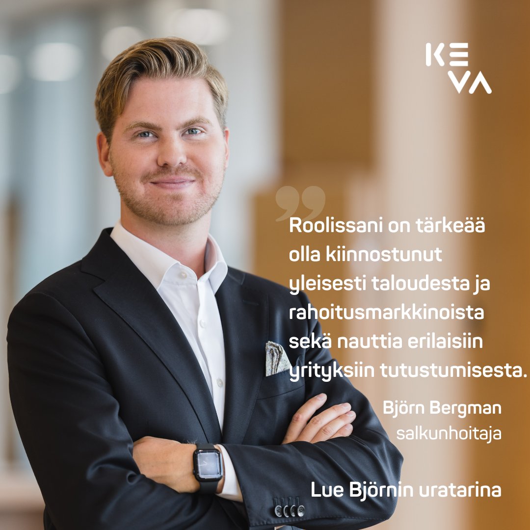Osakesalkunhoitaja Björn Bergman listaa uratarinassaan tärkeiksi
🔹työn merkityksellisyyden
🔹mielenkiintoiset ja haastavat tehtävät 
🔹tasapainon työn ja muun elämän välillä.

”Kaikki toteutuvat nykytyössäni.”

📲 keva.fi/uutiset-ja-art…

#sijoittaminen #uratarina #työpaikat