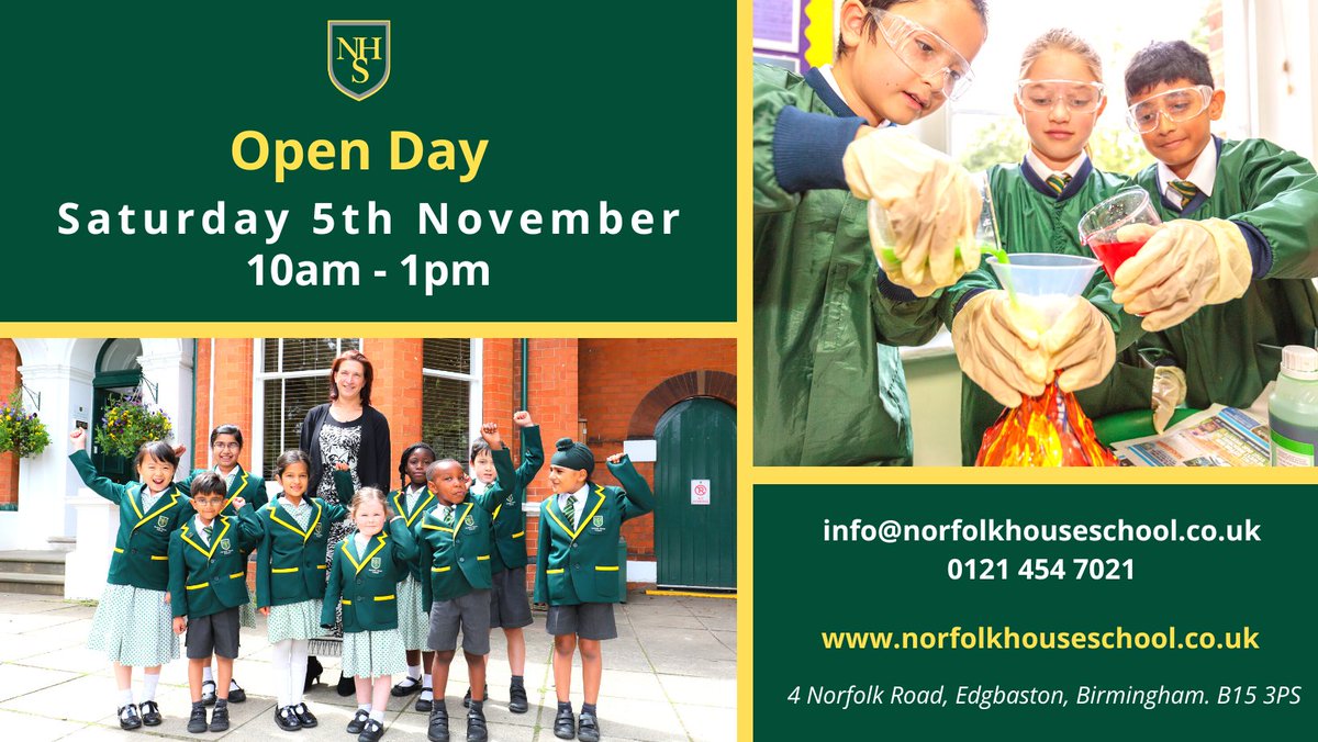 Prospective parents are warmly invited to our Open Morning on Saturday 5th November.
To book a slot, please email:
info@norfolkhouseschool.co.uk or call: 0121 454 7021
norfolkhouseschool.co.uk