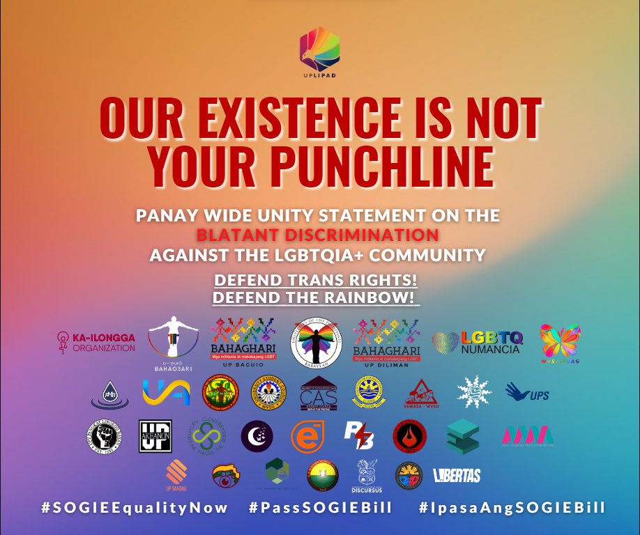 uplipadofficial's tweet photo. OUR EXISTENCE IS NOT YOUR PUNCHLINE!

In light of the blatant and shameful caricature of the transgender and femme-presenting community by certain members of Aklan State University —

#PassSOGIEBill
#SOGIEEqualityNow
#TransRightsNow
#PassADBNow https://t.co/ImJLCuxN2F