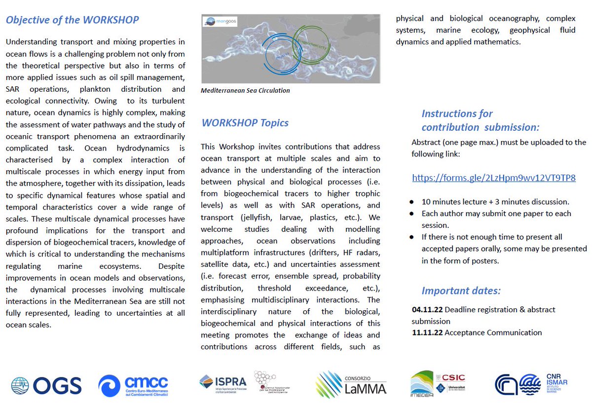 oa_medhub's tweet image. The annual #MonGOOS General Assembly &amp;amp; Workshop will be held on Nov. 22-24, on THE IMPORTANCE OF SCALES AND UNCERTAINTIES IN OCEAN TRANSPORT: PHYSICAL &amp;amp; BIOGEOCHEMICAL INTERACTIONS IN THE MEDITERRANEAN SEA.

Register and submit an abstract before 4.11.22 
forms.gle/8qzYYKzHsgqKaM…