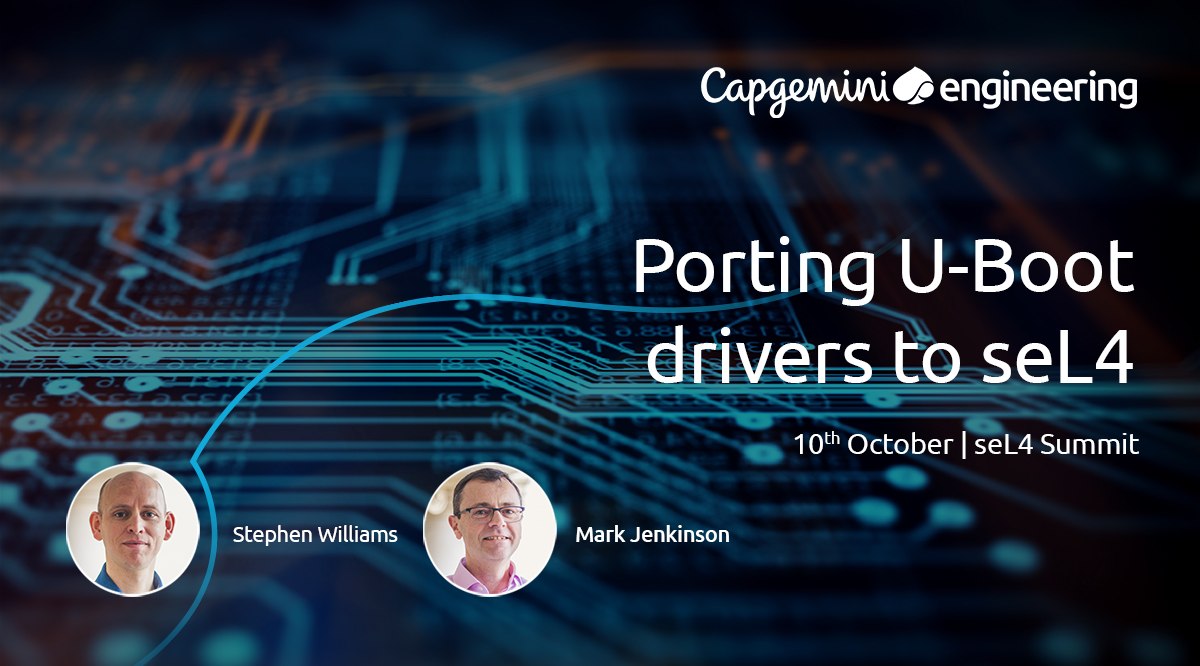 CapgeminiEngUK's tweet photo. Today, our experts, Mark Jenkinson and Stephen Williams, are in #Germany for the #seL4Summit, presenting their work to ease the overheads for new users to adopt #seL4. 

Make sure you catch their talk at 1600. 

@seL4Foundation https://t.co/g2SwrPbmkb