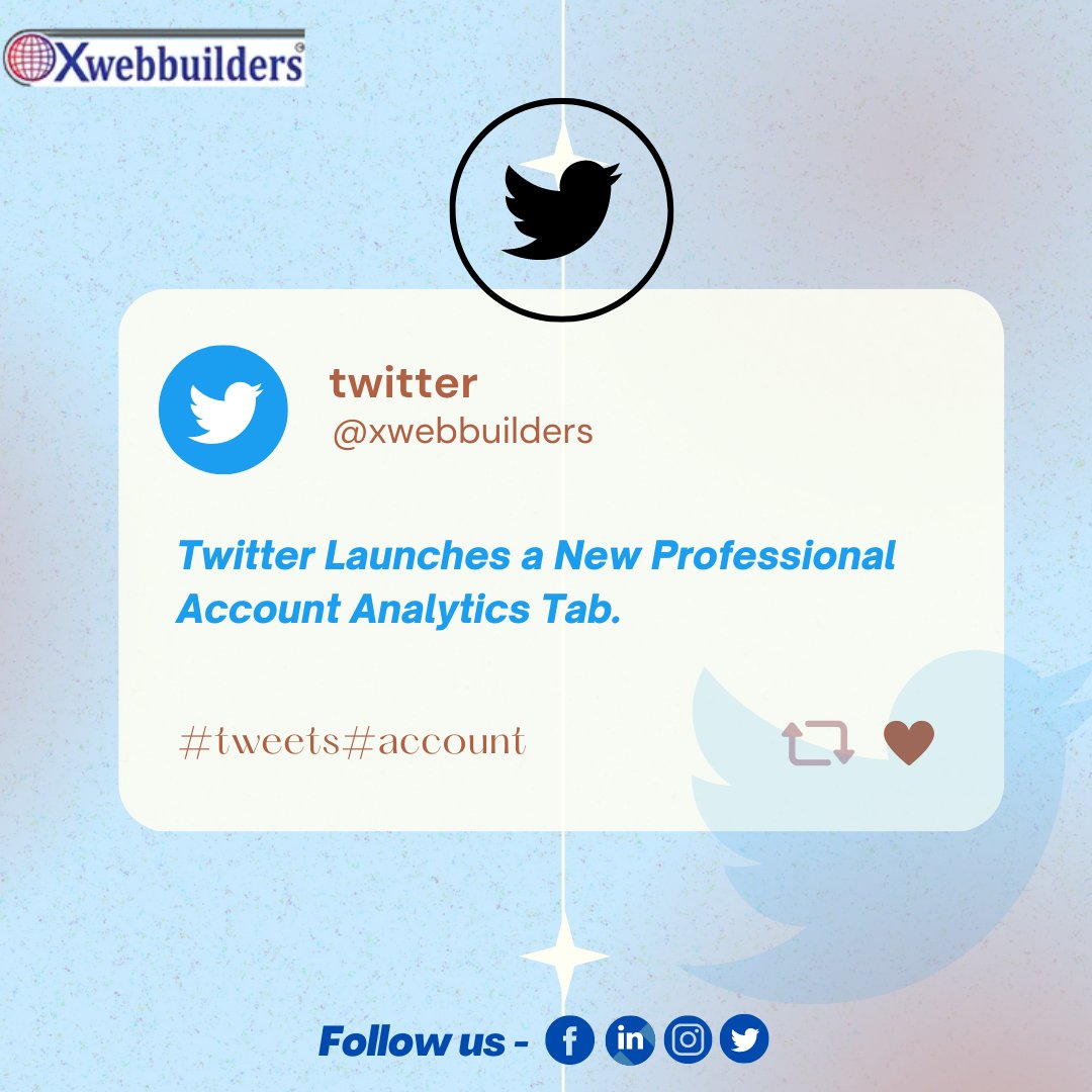xweb_dotcom's tweet photo. Twitter Launches a New Professional Account Analytics Tab.
.
#xwebbuilders #twitter #professionalaccount #analytics #tweet #follow #likes https://t.co/gGY3tv44gg