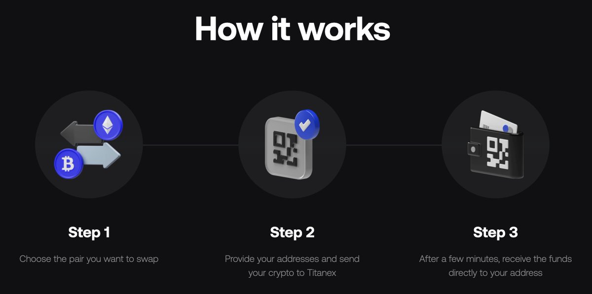 How to remain untraceable using Titanex? 🕵️

Step 1 - Choose the pair you want to swap 

Step 2 - Enter your address and send your crypto

Step 3 - After a few minutes, receive the funds directly to your wallet

Don't get traced on the blockchain, visit titanex.io