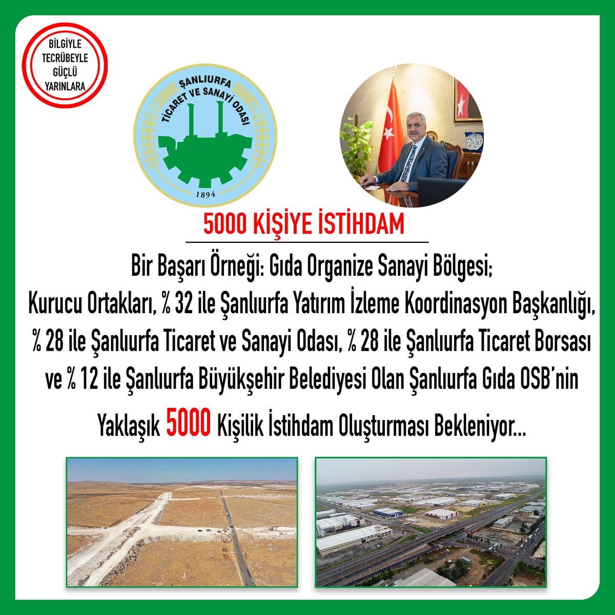 Ortağı olduğumuz,Şanlıurfa'nın gıda sanayisine öncülük edecek Şanlıurfa Gıda İhtisas Organize Sanayi Bölgesi,5 bin kişiye istihdam sağlayacak. Gıda OSB'nin altyapı yapım işi ihalesi Sanayi ve Teknoloji Bakanlığımız tarafından yapıldı. #BilgiyleTecruebeyleGueclueYarınlara