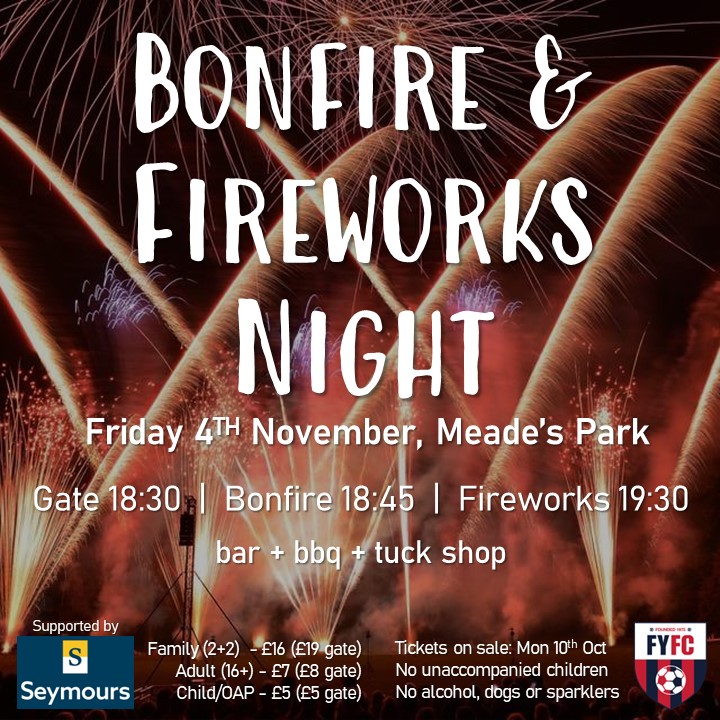 Tickets for FYFC's bonfire and fireworks night are now on general sale through Eventbrite (tinyurl.com/4czma5vu) and Facebook (fb.me/e/2ln2xuedF).
#bonfire #bonfireparty #bonfirenight🔥 #bonfirenight2022 #fireworks💥 #fireworkshow #fireworksnight #Fireworks2022
