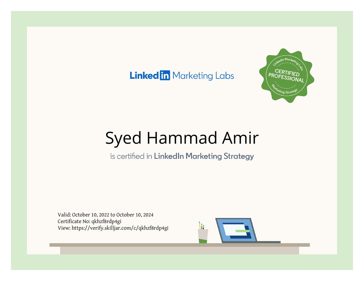 hammadsyedpk's tweet photo. Alhamdulillah, I’m happy to share that I’ve obtained a new certification (Linkedin Marketing Strategy) from @LinkedIn 
https://t.co/EYznLPcYWh
https://t.co/L8mdlJK9P8
#dBoxSolutions #Linkedin #LinkedinExpert #certifiedprofessional #ContentandCreativeDesign #Content #Strategy https://t.co/XlFxVnTnPD