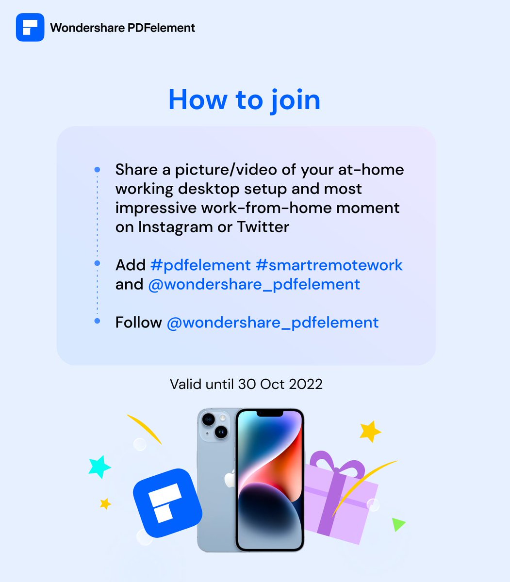 PDFelement's tweet photo. Contest Alert๐ฅ๐ฅ๐ฅ
Are you a remote worker? Join PDFelement #smartremotework contest, you have a chance to win:
1. iPhone 14 (Blue, 128G) x1
2. PDFelement yearly bundles (Windows+Mac+iOS+Cloud) x3
Total value hits $1,300
#wondershare #pdfelement #smartchoiceforpdf https://t.co/fuY0uSSfU4