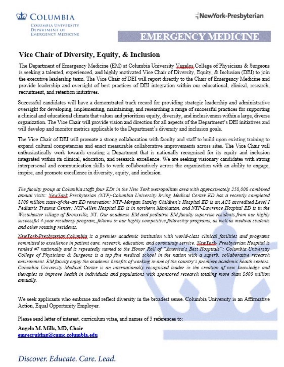 Angela Mills MD (@angelammills) on Twitter photo Come join our world-class team as we search for a Vice Chair of Diversity, Equity, & Inclusion <a href="/ColumbiaEM/">Columbia Emergency Medicine</a>. Send your letter of interest and CV to: emrecruiting@cumc.columbia.edu Come join our world-class team as we search for a Vice Chair of Diversity, Equity, & Inclusion <a href="/ColumbiaEM/">Columbia Emergency Medicine</a>. Send your letter of interest and CV to: emrecruiting@cumc.columbia.edu