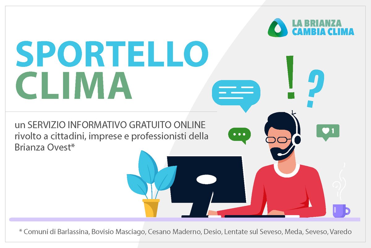 SPORTELLO CLIMA un servizio informativo gratuito per i cittadini della #Brianza ovest, per ridurre i consumi energetici e per città al sicuro da alluvioni e ondate di calore. Info: labrianzacambiaclima.it/sportello-2/  
#cesanomaderno #meda #varedo #bovisio #lentate #seveso #barlassina #desio
