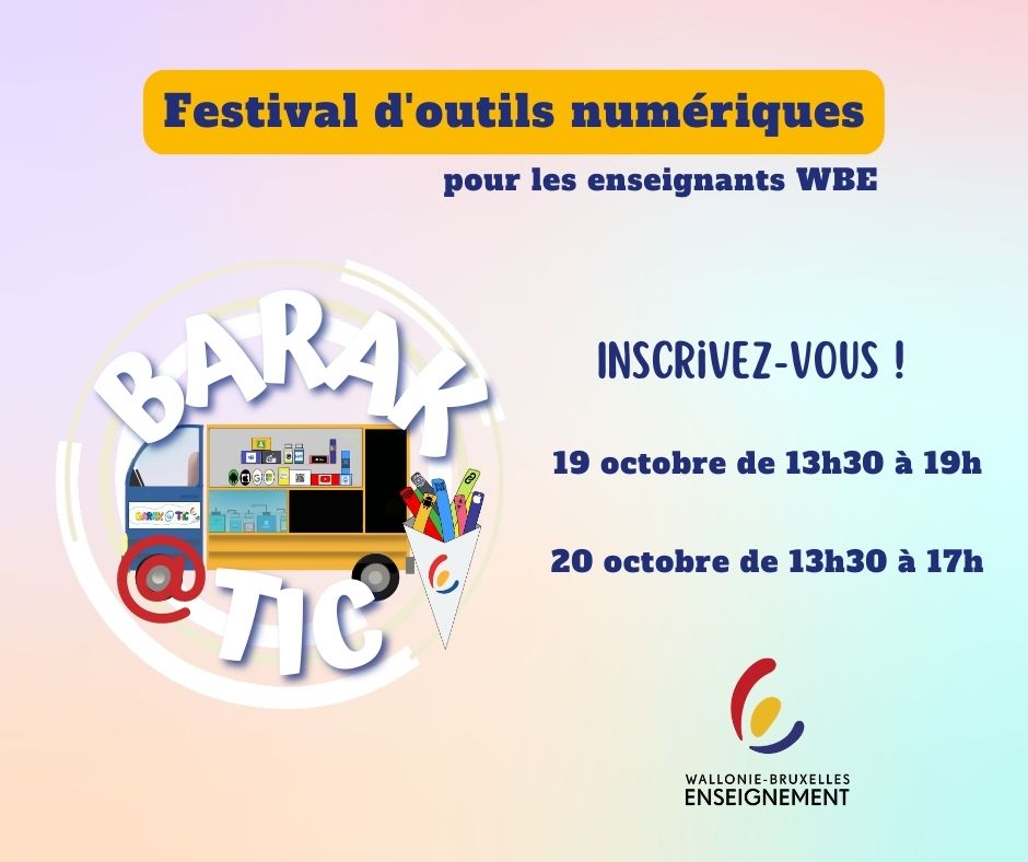 📅 19 & 20 octobre - Barak@TIC Les conseillers tehnopédagogiques de WBE organisent leur première 𝐁𝐚𝐫𝐚𝐤@𝐓𝐈𝐂, le premier #festival d’outils numériques en ligne pour les enseignants ! 😀 👉 𝗣𝗹𝘂𝘀 𝗱’𝗶𝗻𝗳𝗼𝘀 𝗲𝘁 𝗶𝗻𝘀𝗰𝗿𝗶𝗽𝘁𝗶𝗼𝗻 : barakatic.my.canva.site