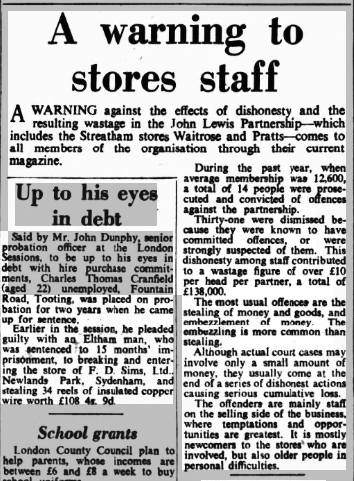 SocStreatham's tweet photo. Dishonesty and resulting wastage at the John Lewis Partnership (including the Streatham Waitrose and Pratts) #OTD Norwood News 10 October 1958 #StreathamHistory #JLPartnership #JohnLewisMemoryStore #Pratts https://t.co/NQDwNJeYIF