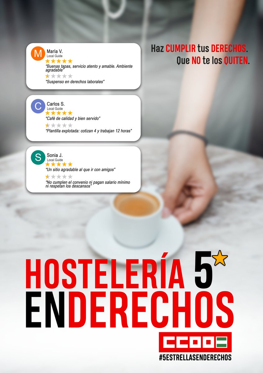 ⭐#5EstrellasEnDerechos | 📢Como trabajador y trabajadora del sector de la #hostelería: TIENES DERECHOS❗️

💪Exige el cumplimiento del convenio, de la jornada y no permitas que te pisoteen.

⭐️Merecemos un turismo y una hostelería 5⭐️ también en derechos.