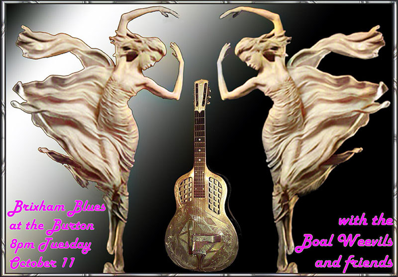 It's Brixham Blues night TOMORROW (TUESDAY 11th) at The Burton Hotel, 23 Burton Street, Brixham, starting 8pm. Great crowd, dazzling slide accoustic blues from The Boal Weevils (Stuart Cumberptch and Andy Boal). And it's all FREE- even the half-time nibbles.