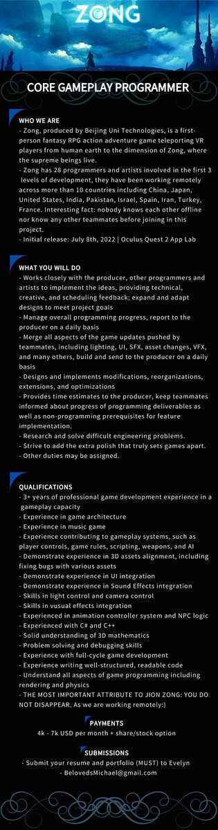 Zong is hiring!!!! #gamedev #zong #Hiring #JobSearch #Gameplay #programmers #programming #Unity #OculusQuest2 #3D #Recruitment #recruiting