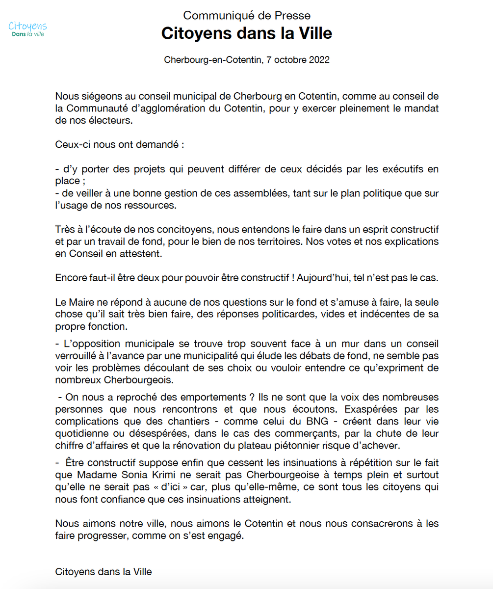 Communiqué de Presse <a href="/CitoyensVille/">Citoyens dans la Ville</a>