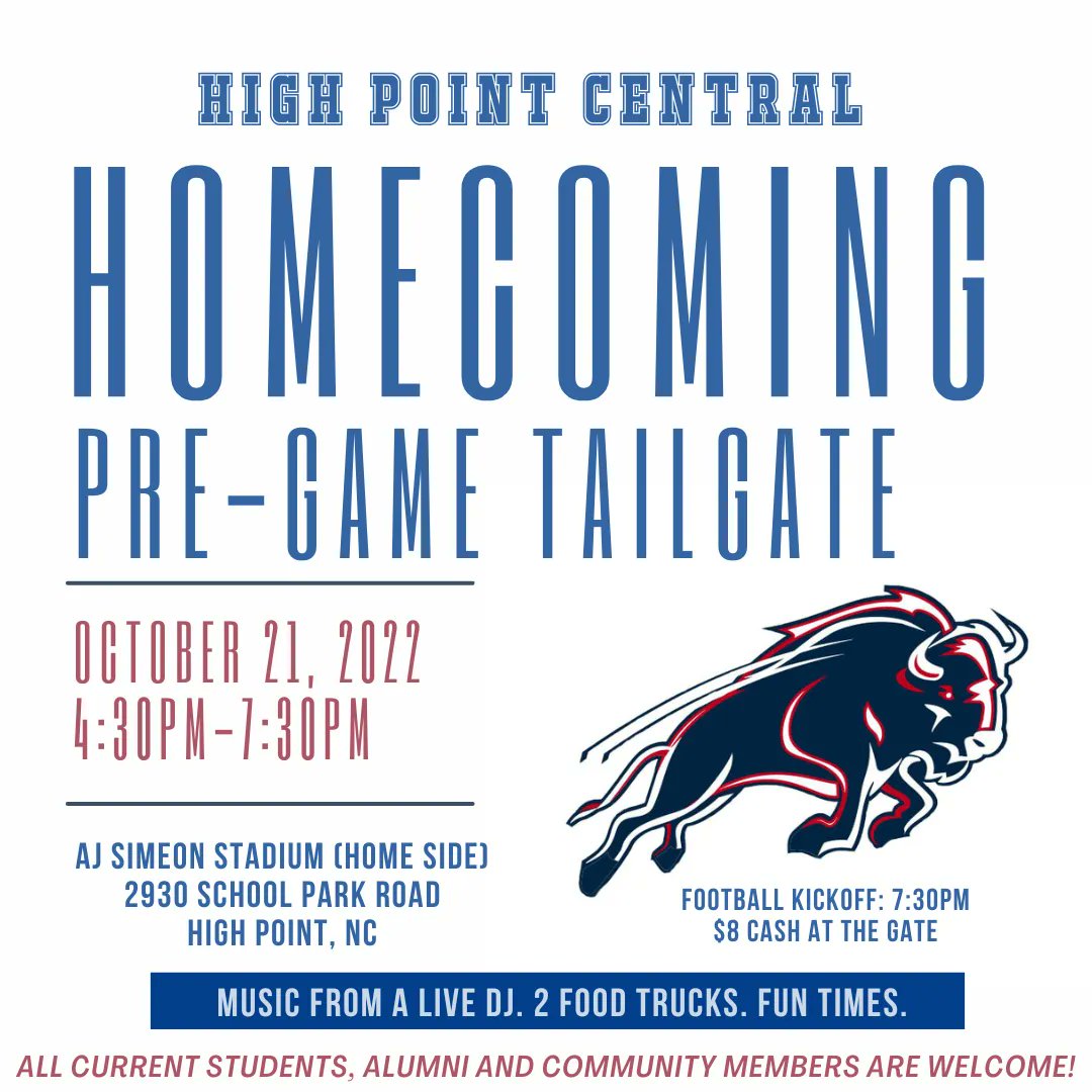High Point Central (@hpchighschool) on Twitter photo HOMECOMING!!!! It’s time to show your Bison pride. Come out and cheer our guys on while having some great food and a great time. 💙💙💙 #believeinthebison #bisonpride <a href="/hettenm/">Mike Hettenbach</a> <a href="/HPC_SGA/">High Point Central High School SGA</a> <a href="/HPCBisonSports/">HPC Athletics</a> HOMECOMING!!!! It’s time to show your Bison pride. Come out and cheer our guys on while having some great food and a great time. 💙💙💙 #believeinthebison #bisonpride <a href="/hettenm/">Mike Hettenbach</a> <a href="/HPC_SGA/">High Point Central High School SGA</a> <a href="/HPCBisonSports/">HPC Athletics</a>