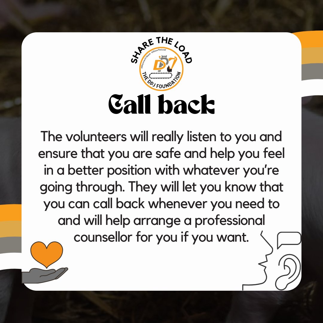 dpjfoundation's tweet photo. #AgMentalHealthWeek #WorldMentalHealthDay 
What happens when you contact the #ShareTheLoad?

If you’re feeling like you might benefit from having a chat with someone, please contact our CONFIDENTIAL 24/7 helpline. 
Call 0800 587 4262 or text us on 07860 048799.
You are not alone https://t.co/Zqygy2MpXe