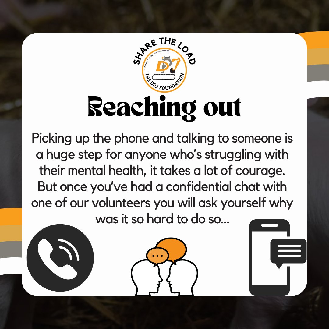 dpjfoundation's tweet photo. #AgMentalHealthWeek #WorldMentalHealthDay 
What happens when you contact the #ShareTheLoad?

If you’re feeling like you might benefit from having a chat with someone, please contact our CONFIDENTIAL 24/7 helpline. 
Call 0800 587 4262 or text us on 07860 048799.
You are not alone https://t.co/Zqygy2MpXe