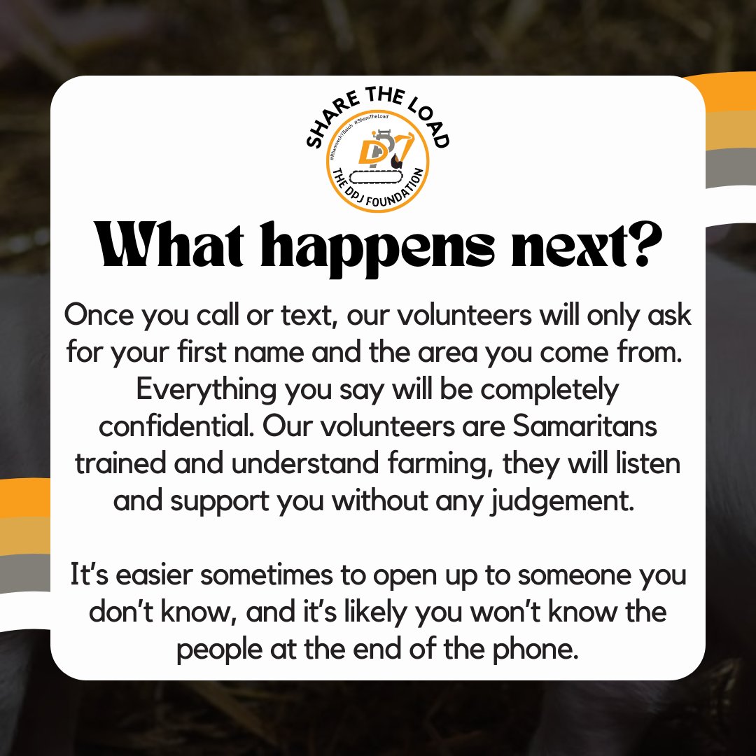 dpjfoundation's tweet photo. #AgMentalHealthWeek #WorldMentalHealthDay 
What happens when you contact the #ShareTheLoad?

If you’re feeling like you might benefit from having a chat with someone, please contact our CONFIDENTIAL 24/7 helpline. 
Call 0800 587 4262 or text us on 07860 048799.
You are not alone https://t.co/Zqygy2MpXe