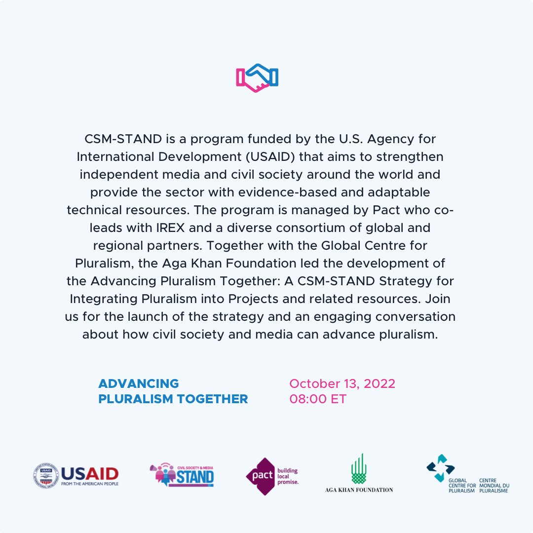This Thursday at 8am EST, join #CSMSTAND for a webinar on the launch of its strategy and to hear from organizations advancing pluralism. #AKF, #GlobalPluralism, #NamatiKenya & our partner on CSM-STAND, @PactWorld will share their experiences! Register ➡️ pactworld.org/events/advanci…