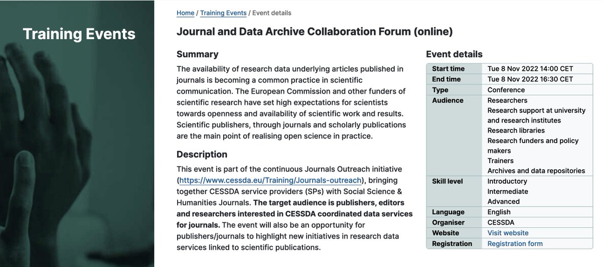 CESSDA_Data's tweet photo. ❓Are you a publisher, editor or researcher?
🗞️The availability of #researchdata from articles published in #journals is becoming common practice in scientific communication.
Join our Collaboration Forum
⏰08.11, 14-16:30 CET
📝Register https://t.co/m9YwtdCnYw #CESSDATraining https://t.co/1WeFFfjjuY