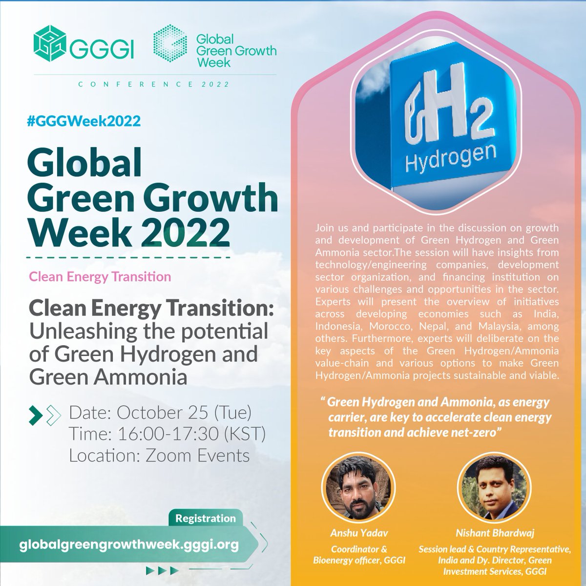 GggiIndia's tweet photo. 🎉📢#GlobalGreenGrowthWeek2022 will host a session on Clean Energy Transition focused on #GreenHydrogen and #GreenAmmonia across different regions in Asia. Don't Miss out! Register Today 👇👇https://t.co/naLgAPmTZu 

#GGGWeek2022 #GGGI #Renewables #greengrowth #climateaction https://t.co/WAtTqh4YM0