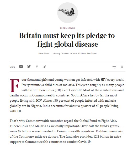 'The prize is huge... we can save a further 20m lives.' A letter in the @thetimes calling on the UK Govt to step up with its G7 allies and pledge to the @GlobalFund to fight AIDS, TB & malaria. It's so important for the health of the Commonwealth & 🌍 bit.ly/3SIa0x3