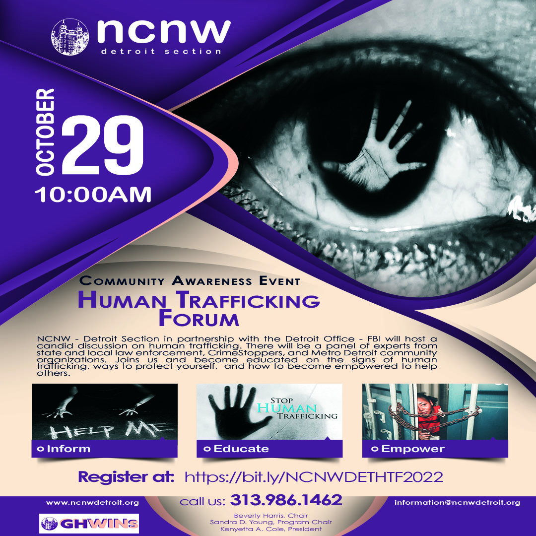 NCNWDetroit's tweet photo. Human Trafficking – the crisis is real. Join us for a much-needed conversation on Saturday, October 29, 2022, @ 10:00AM EST. This event will be held virtually.

Register here: https://t.co/fSRImep8yk

#ncnwdetroit #communityawareness #humantrafficking #ncnwstrong https://t.co/hBvZqKVsxl