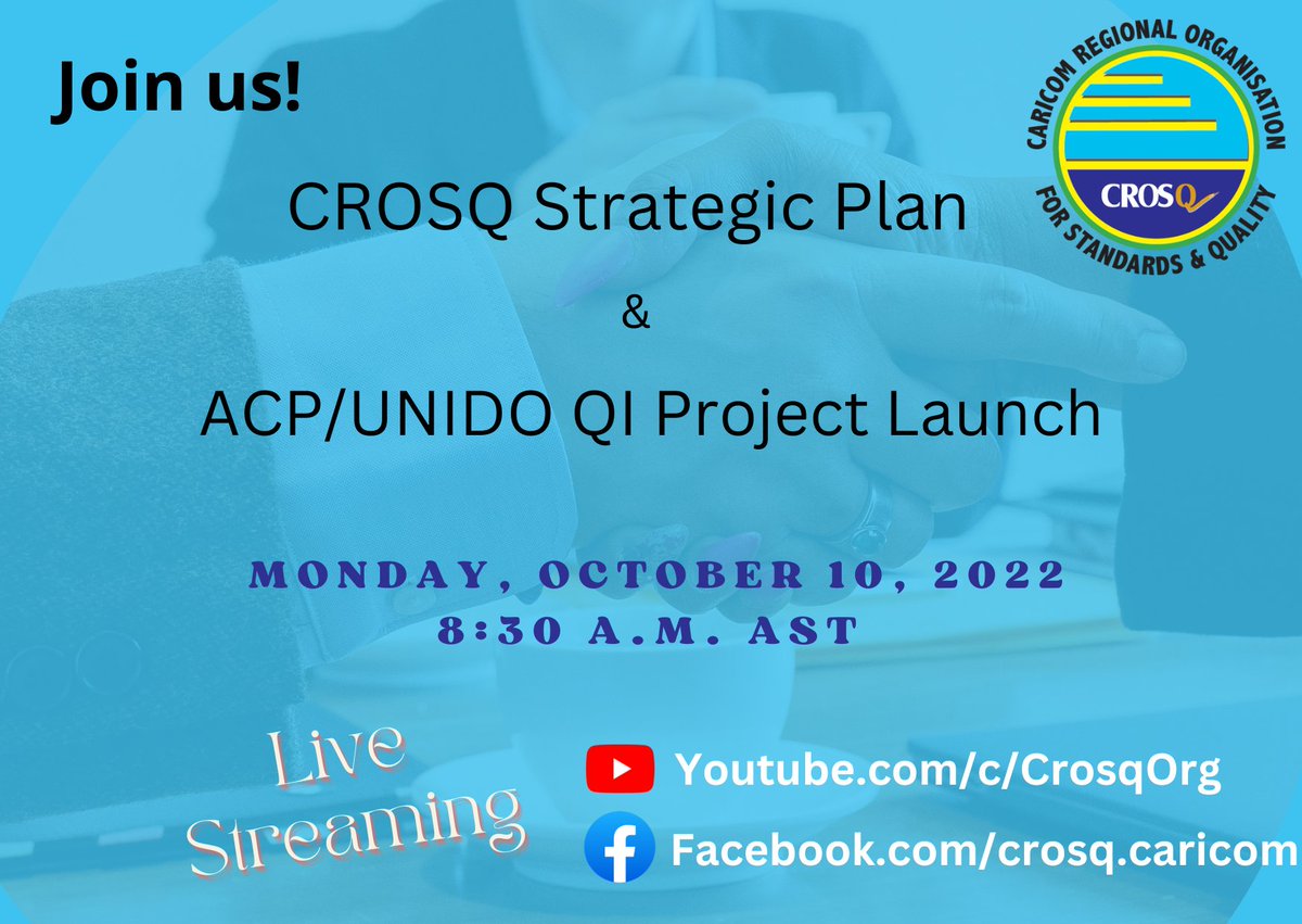 crosqcaricom's tweet image. Join us at 8:30 am (AST) for the Opening Ceremony of our 41st General Meeting of the Council of CROSQ. The ceremony plans to be interesting with two notable launches! You can follow on Youtube.com/c/CrosqOrg or Facebook.com/crosq.caricom
#crosqatwork  @CARICOMorg