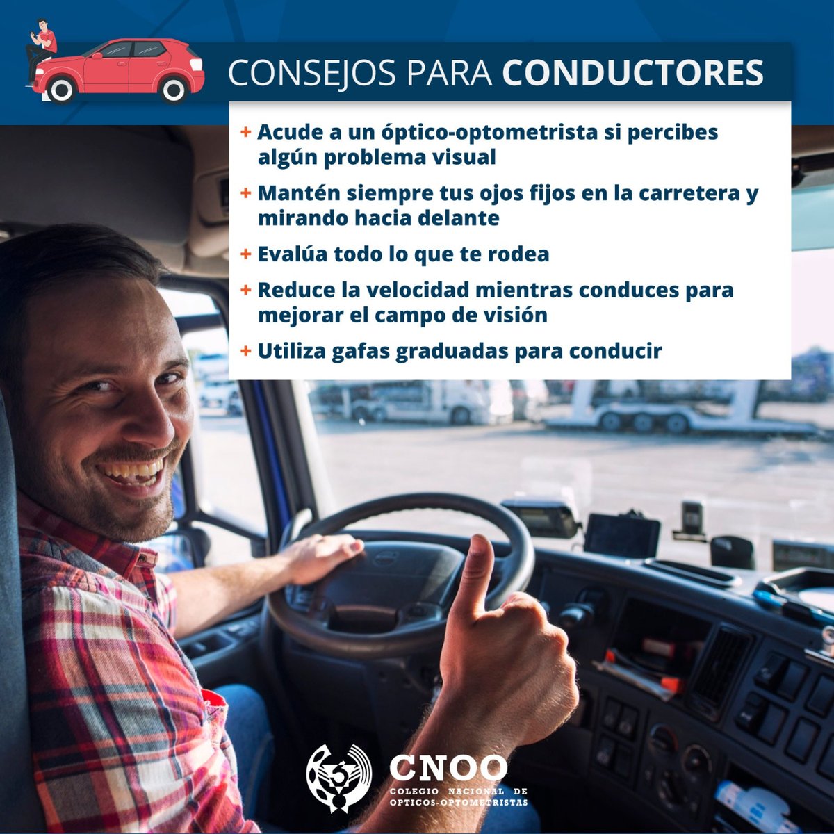 CNOO_Spain's tweet photo. 🚗👓 Si vas a coger el coche en estos días, no te olvides de nuestros consejos para conductores. La seguridad vial depende de tu salud visual. ¡No la descuides! 👇👇

#CNOO #Visión #SaludVisual https://t.co/dAKddi6INN